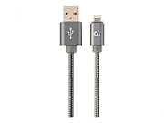 CABLU alimentare si date GEMBIRD, pt. smartphone, USB 2.0 (T) la Lightning (T), 2m, premium, cablu cu impletire din bumbac, gri-metalizat cu insertii albe,  CC-USB2S-AMLM-2M-BG  (include TV 0.06 lei)